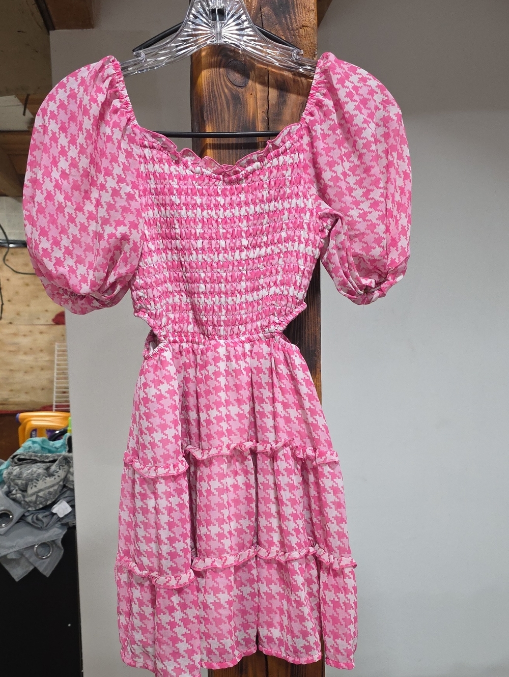 art class Pink Houndstooth Puff Sleeve Mini Dress